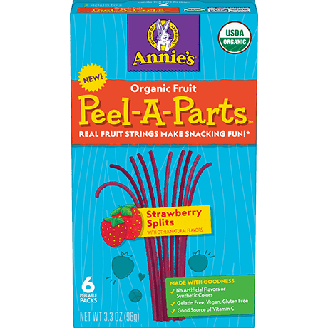 Annie's Organic Fruit Peel A Parts, Strawberry Splits, six peelable packs, front of box.