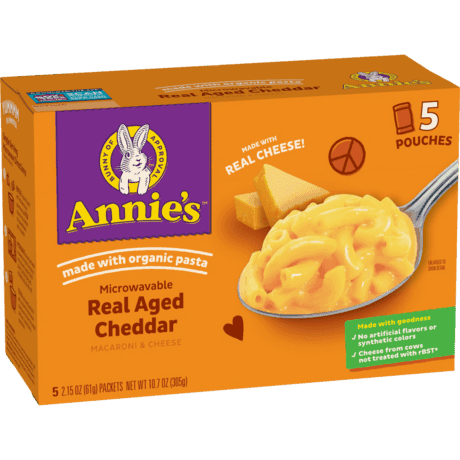 Annie's Microwaveable Real Aged Cheddar Macaroni And Cheese, five pouches, made with real cheese, front of box.