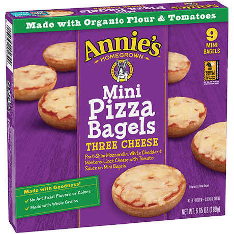Annie's Three Cheese Mini Pizza Bagels, nine mini bagels, front of box.