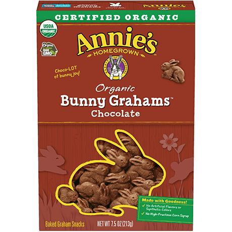 Annie's Organic Chocolate Bunny Grahams, front of box.