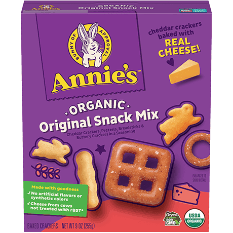 Annie's Organic Original Snack Mix, cheddar crackers baked with real cheese, front of box.