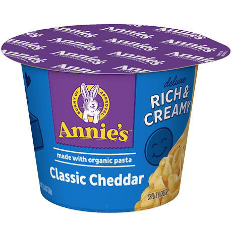 Annie's Classic Cheddar Microwaveable Cup, made with organic pasta, front of cup.