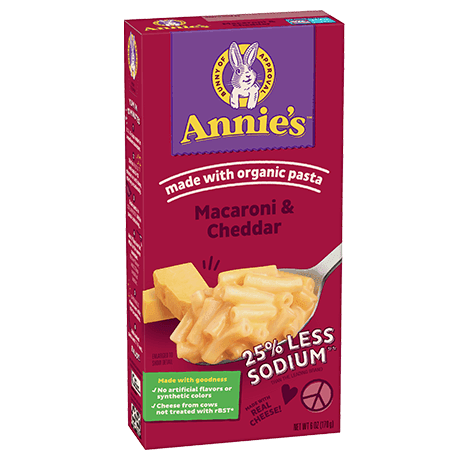 Annie's Macaroni And Cheddar, made with organic pasta, 25% less sodium, front of box.