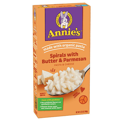 Annie's Spirals With Butter And Parmesan Pasta And Cheese, made with organic pasta, front of box.