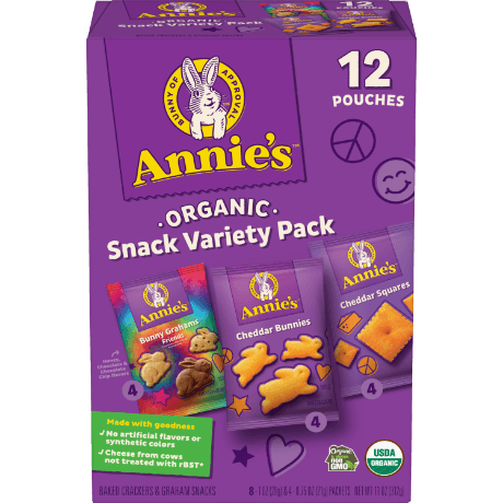 Annie's Organic Snack Variety Pack, Cheddar Bunnies, Bunny Grahams, Cheddar Squares, 12 Pouches, front of box.
