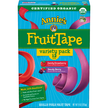 Annie's Fruit Tape Variety Pack, Swirly Strawberry and Bendy Berry, twelve rolls, organic, front of box.