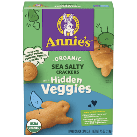 Annie's Organic Sea Salty Crackers with Hidden Veggies, front of package.