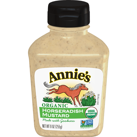 Annie's Organic Horseradish Mustard, Non GMO, front of bottle.