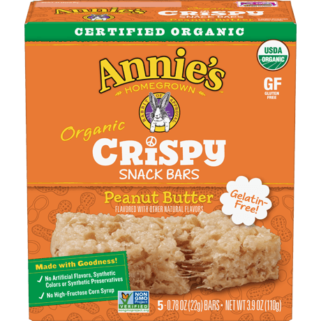Annie's Organic Peanut Butter Crispy Snack Bars, Gluten Free, front of box.