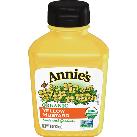 Annie's Organic Yellow Mustard, Non GMO, front of bottle.