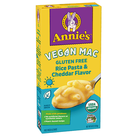 Annie's Organic Vegan Mac Gluten Free Rice Pasta And Cheddar Flavor, front of box.