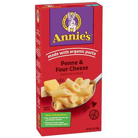 Annie's Penne And Four Cheese Pasta And Cheese, made with organic pasta, front of box.