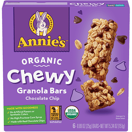 Annie's Organic Chocolate Chip Chewy Granola Bars, front of box.