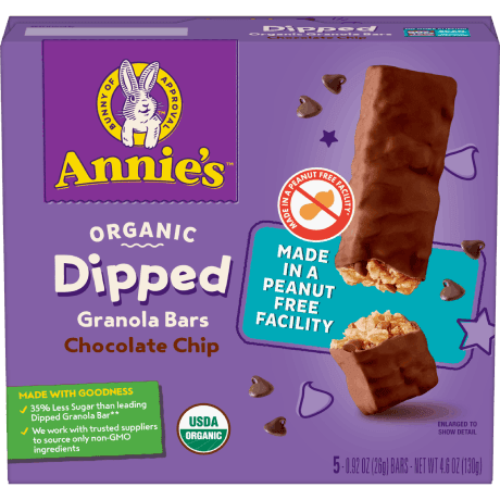 Annie's Organic Dipped Granola Bars, Chocolate Chip, made in a peanut-free facility, front of box.