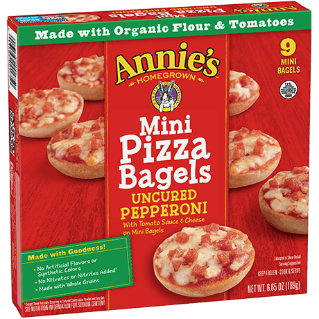 Annie's Uncured Pepperoni Mini Pizza Bagels, nine mini bagels, front of box.