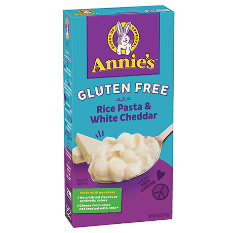 Annie's Gluten Free Rice Pasta And White Cheddar, front of box.
