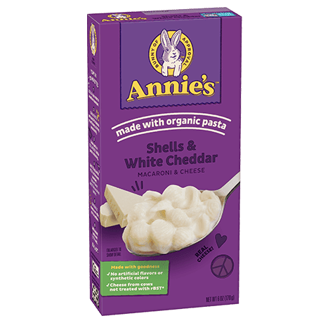 Annie's Shells And White Cheddar Macaroni And Cheese, made with organic pasta, front of box.