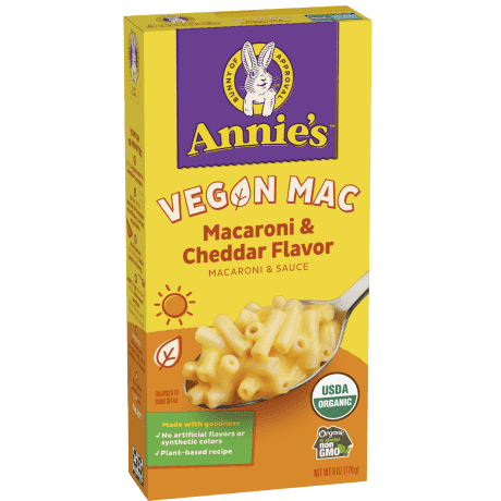 Annie's Vegan Mac, Macaroni And Cheddar Flavor, organic, front of package.