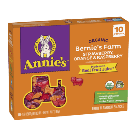 Annie's Organic Bernie's Farm Strawberry, Orange And Raspberry fruit snacks, ten pouches, front of box.