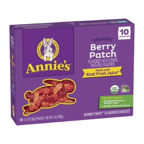 Annie's Organic Berry Patch fruit snacks, ten pouches, front of box.