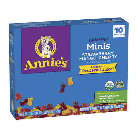 Annie's Organic Minis Strawberry, Strawberry, Mango And Cherry fruit snacks, ten pouches, front of box.