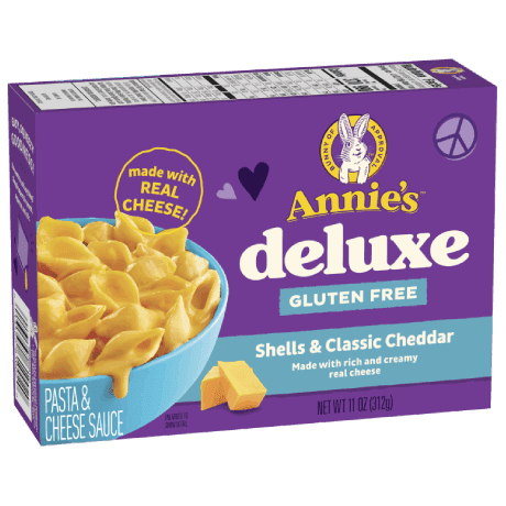 Annie's Gluten Free Deluxe Rich And Creamy Shells And Classic Cheddar, real cheese sauce, 306g, front of box.