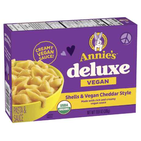 Annie's Vegan Mac Deluxe Rich And Creamy Shells And Vegan Cheddar Pasta And Sauce, organic, 306g, front of box.
