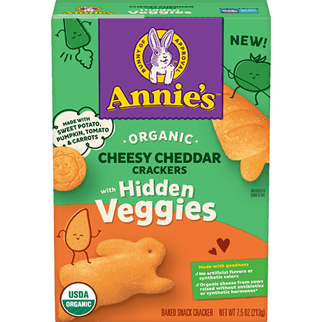 Annie's Organic Cheesy Cheddar Crackers With Hidden Veggies, front of box.