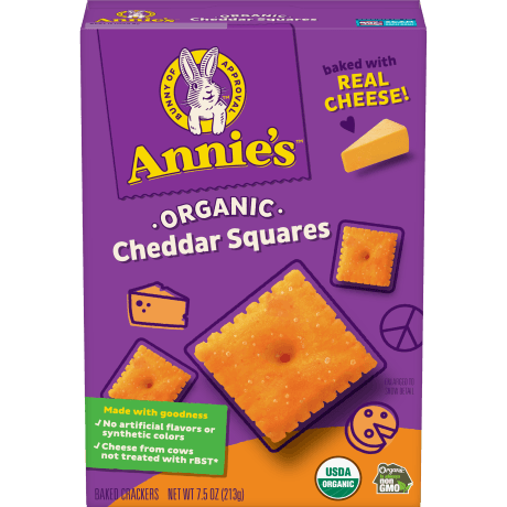 Annie's Organic Cheddar Squares, made with real cheese, front of box.