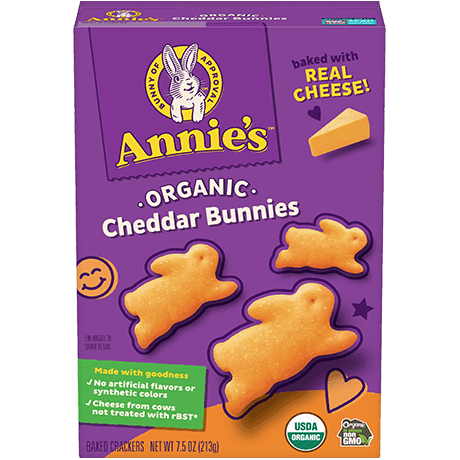 Annie's Organic Cheddar Bunnies, made with real cheese, front of box.
