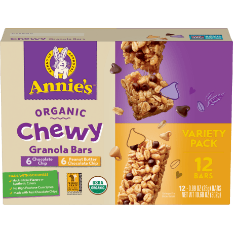 Annie's Organic Chewy Granola Bars variety pack, Chocolate Chip and Peanut Butter Chocolate Chip, 12 bars, front of box.