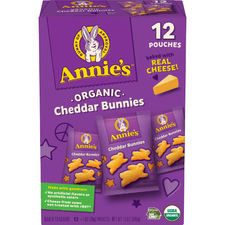 Annie's Organic Cheddar Bunnies Baked Snack Crackers, 12 oz., 12 pouches, made with real cheese, front of box.