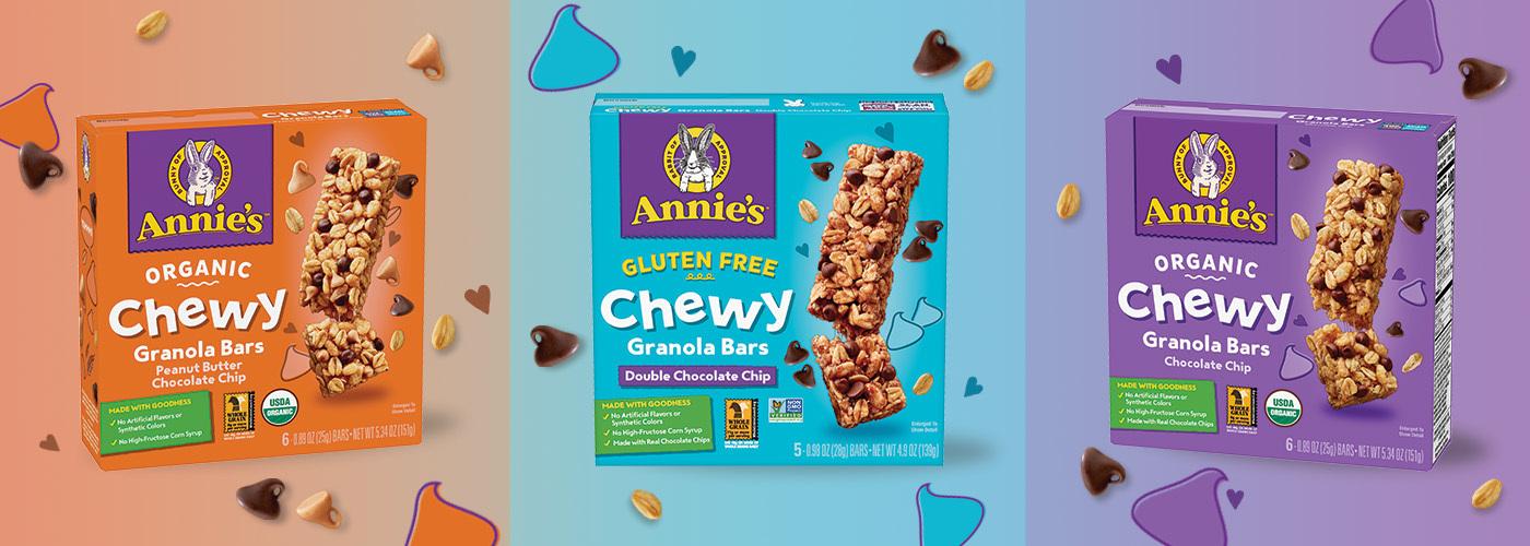Single boxes of Annie's Organic Chewy Granola Bars Peanut Butter Chocolate Chip, Annie's Gluten Free Chewy Granola Bars Double Chocolate Chip and Annie's Organic Chewy Granola Bars Chocolate Chip.