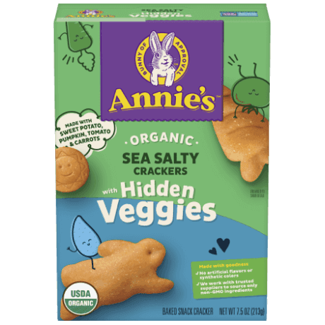 Annie's Organic Sea Salty Crackers with Hidden Veggies, front of package.