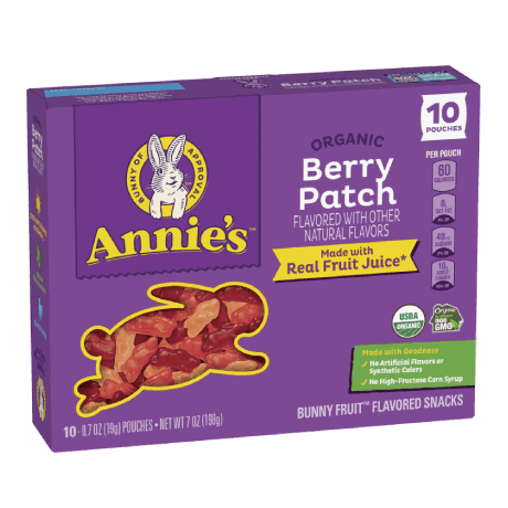 Annie's Organic Berry Patch fruit snacks, ten pouches, front of box.