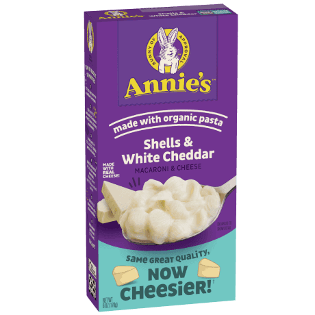 Annie's Shells And White Cheddar Macaroni And Cheese, made with organic pasta, front of box.