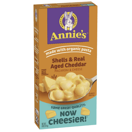 Annie's Shells And Real Aged Cheddar Macaroni And Cheese, made with organic pasta, front of box.