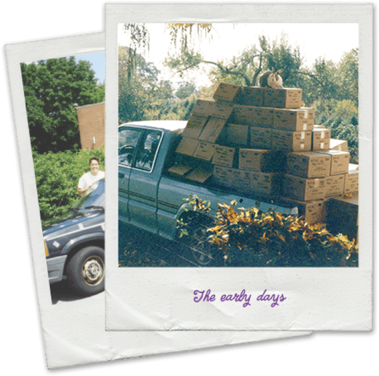 Polaroid photos of a pickup truck filled with Annie's boxes. "The Early Days" is written at the bottom of the top photo.