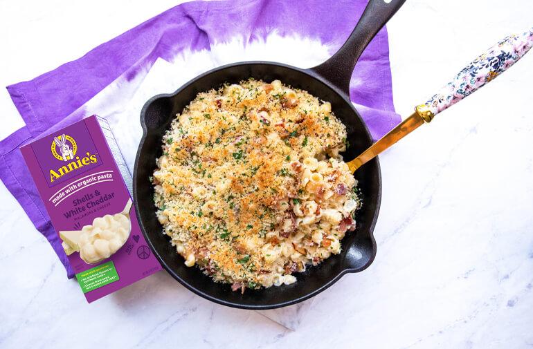 A pot of pasta made with Annie's shells and white cheddar