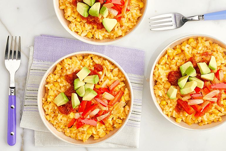 3 bowls of rice with avocado and pepper