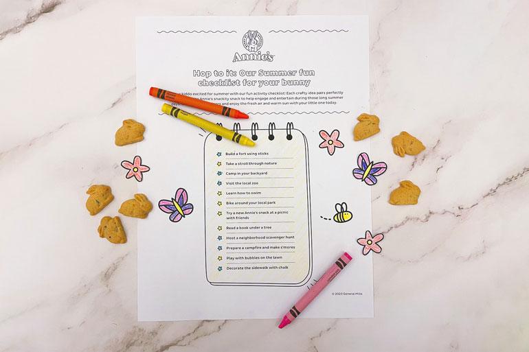 "Annies Hop to it's our summer fun checklist for your bunny" activity sheet that has been partially colored in.